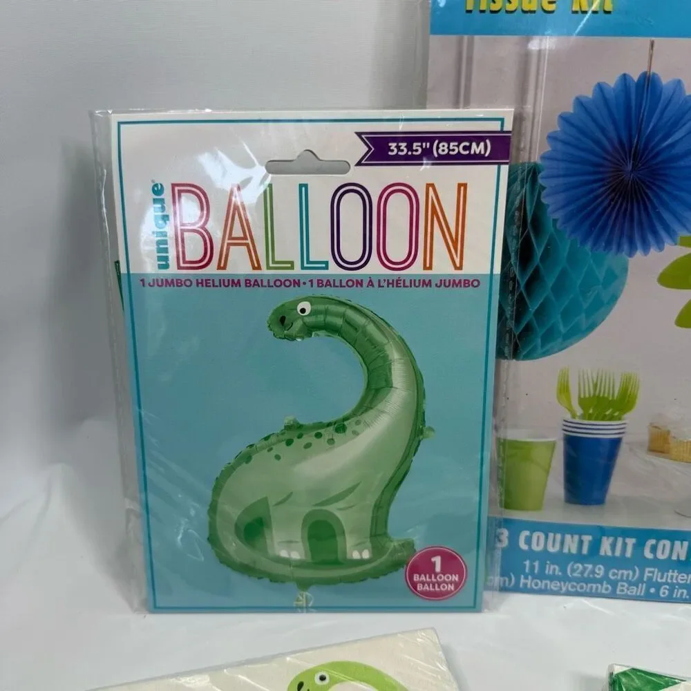 D26  Party Decorations- 7 piece ROAR dinosaur party decor, plates, napkins and D